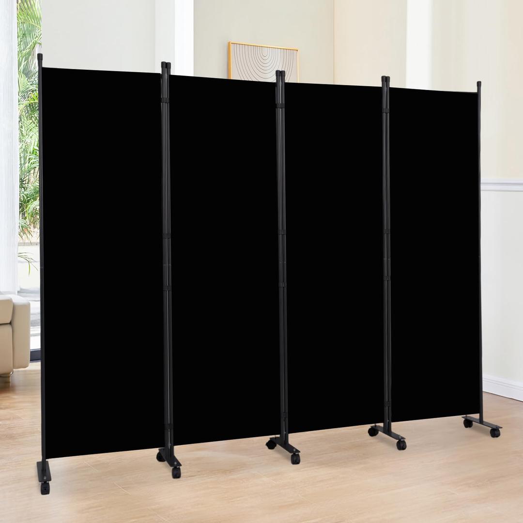 Room Divider 6FT Room Partition with Lockable Wheels, (Thicked Metal Base) Room Dividers, Freestanding Indoor Folding Privacy Screens, Portable Fabric Wall Divider for (Black, 88"- 4 Panel)