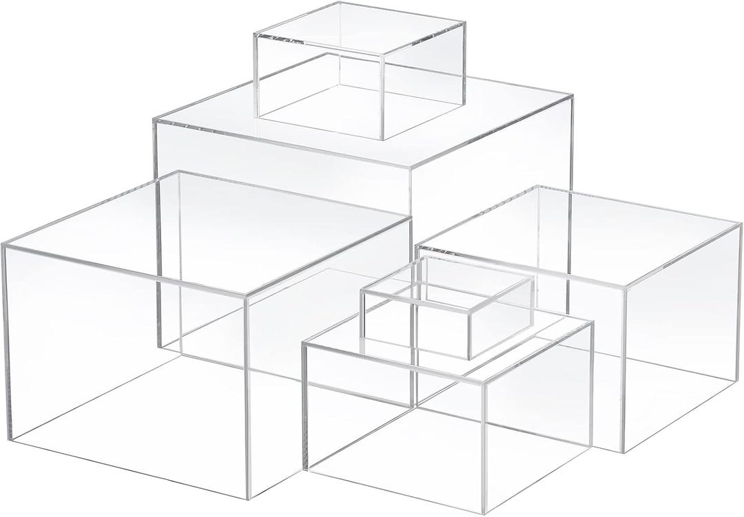 Geelin 6 Pack Acrylic Risers for Display Acrylic Cube Boxes Risers Display Stands with Hollow Bottoms Decorative Stand for Jewelry Candy Table Decor 6 Sizes(Clear,3 to 8 Inch,Square)