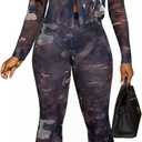 Acelyn Sexy 2 Piece Outfits for Women Summer Mesh Printed Long Sleeve Button Down Shirt Tops and Bodycon Flared Pants Sets (X, Black)