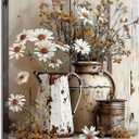 1Pcs Framed Rustic Farmhouse Floral Daisy Canvas Wall Art Vintage Country Flower Pictures Wall Decor Wood Grain Paintings Posters Prints Bathroom Bedroom LivingRoom Rustic Decor Artwork 12X16in