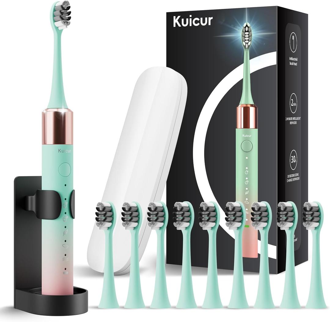 Kuicur Portable Electric Soft Toothbrush with Travel Case, 90-Day Largest Battery Life, 10 Brush Heads, 5 Modes Deep Clean, Ergonomically-Designed for Enhanced Comfort - Ideal Gift for Adults & Kids (Green-pink)