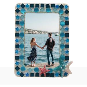 Mosaic Photo Frame Kit for 4x6 Photos, Includes Sea-Themed Resin Decor & Non-Toxic Cream Glue, Fun Craft Handmade DIY Gift for Birthdays (Blue)