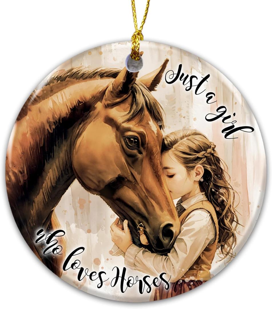 2 x Horse Ornament 2025  White Elephant Gift for Girl Who Loves Horses  Horse Lover Gift, Ceramic Round Hanging Decoration for Girls, Women, Kids for Christmas, Birthday
