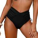 Leoparts Women‘s V Cut Bikini Bottoms Ruched Tummy Control Bathing Suit Bottom High Cut Drawstring Swimsuit Brief, L
