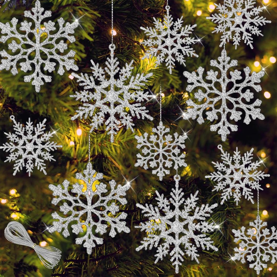 36Pcs Silver Glitter Snowflake Decorations Christmas Ornaments, Hanging Plastic Snow Flakes Ornaments with Silver Rope for Christmas Tree Decorations, Winter Wonderland Party Supplies
