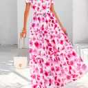 PRETTYGARDEN Women's 2026 Summer Boho Maxi Dresses Floral Short Sleeve V Neck A Line Tiered Flowy Long Beach Vacation Dress (White Pink Floral)