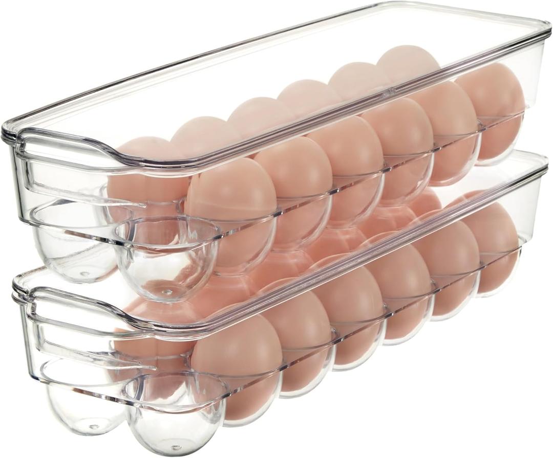 Set of 2 Egg Holder Tray for fridge with Lid Clear, Plastic Egg Organizer Container For Refrigerator, Home Organization and Storage
