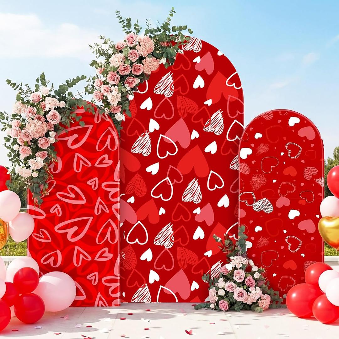 Valentine's Day Arch Backdrop Cover Set of 3-4Ft 5Ft 6Ft Red Pink Heart Spandex Arch Stand Covers Photo Booth Round Top for Valentine Wedding Anniversary Birthday Party Decor