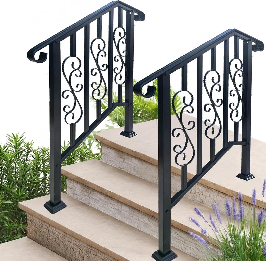 Hand Rails for Outdoor Steps, 3 Step Stair Handrail & Indoor Stair Railing Kit, Black Railings for Outdoor