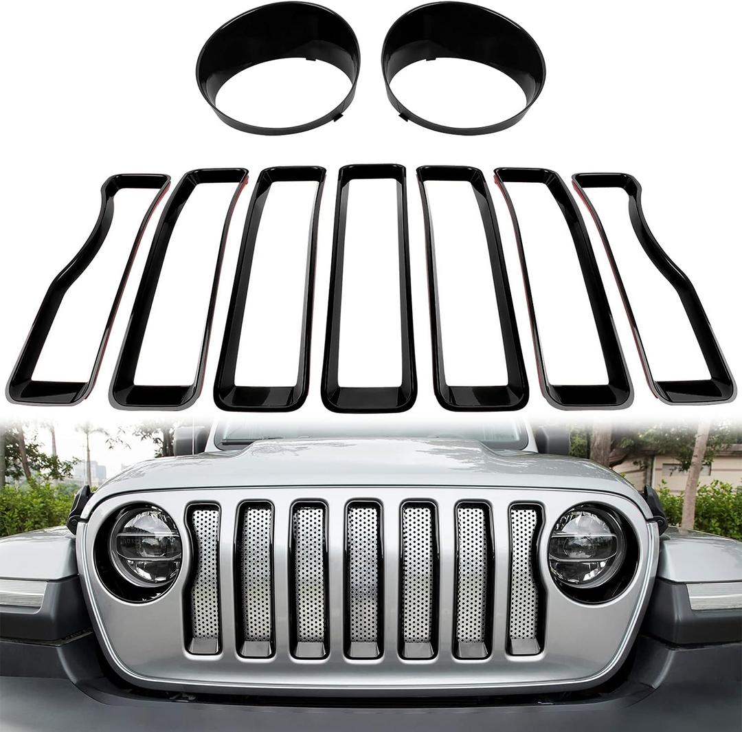 Bonbo Mesh Grille Grill Insert & Headlight Turn Light Cover Trim Exterior Accessories for Jeep Wrangler JL Sport/Sports 2018-2023 (Black)