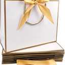 TKSBAG 12PCS Gift Bags Medium Size with Handles, 12.5 x 9.8 x 4.3 In White Gold Thank You Bags with Bow Ribbon for Wedding, Birthday, bridesmaid, Groomsmen, Party Favors, Valentine
