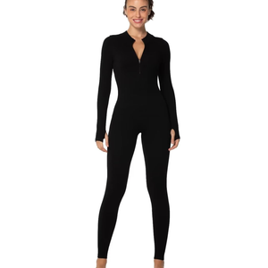 Sunzel Long Sleeve Jumpsuits for Women, Ribbed One Piece Casual Yoga Workout Zip Front Bodycon, Legging Fit & Thumbhole M