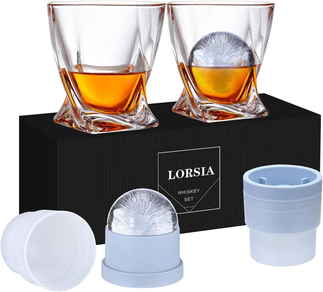 Whiskey Rocks Glass, Set of 4 (2 Crystal Bourbon Glasses, 2 Round Big Ice Ball Molds) In Gift Box - 11 Oz Old Fashioned Glasses for Scotch Cocktail Cognac Liquor, Unique Gifts for Men