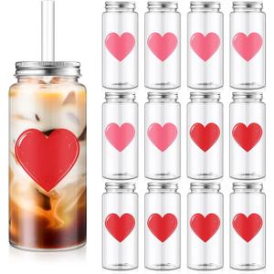 Vesici 12 Pack Valentine's Day Party Cups with Lid and Straw 13.5 oz Clear Reusable Plastic Tumblers Bulk Red Pink Heart Printed Design Cold Drink