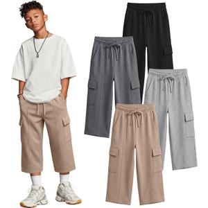Oakgarden 4 Pack Boys Cargo Capri Baggy Pants | Kids 3/4 Sweatpants, Teen Pants, Straight Leg, Casual, with Pocket, Back to School Clothes, Street Wear, Active, Sports