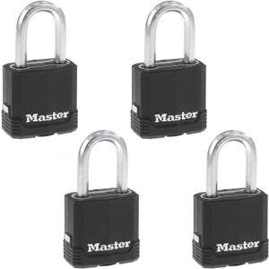 Master Lock Black Key Lock, Heavy Duty Weather Resistant Padlock with Cover, Keyed Alike Padlocks for Outdoor Use, 4 Pack, M115XQLF