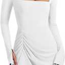 WISFRUIT Women's Sexy Square Neck Bodice Dress Long Sleeve Ruched Side Slit Party Club Mini Dress (Medium)