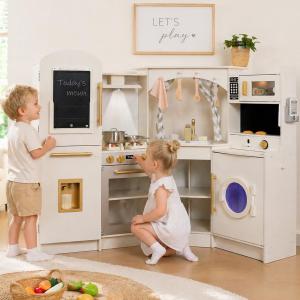  Large Wooden Corner Play Kitchen Sets with Ice Maker, Water Dispenser, Bread Maker, Washing Machine, Electronic Display, Toy Sink with Running Water, Stove with Light & Sounds, Birthday Gift for 3+Boys Girl (White)