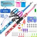 Kids Fishing Pole, Portable Telescopic Kids Fishing Poles for Boys and Girls, Fishing Rod and Reel Combo Kit with Tackle Box, and Fishing Net, Best Fishing Pole for Toddler Youth (Blue+Pink)