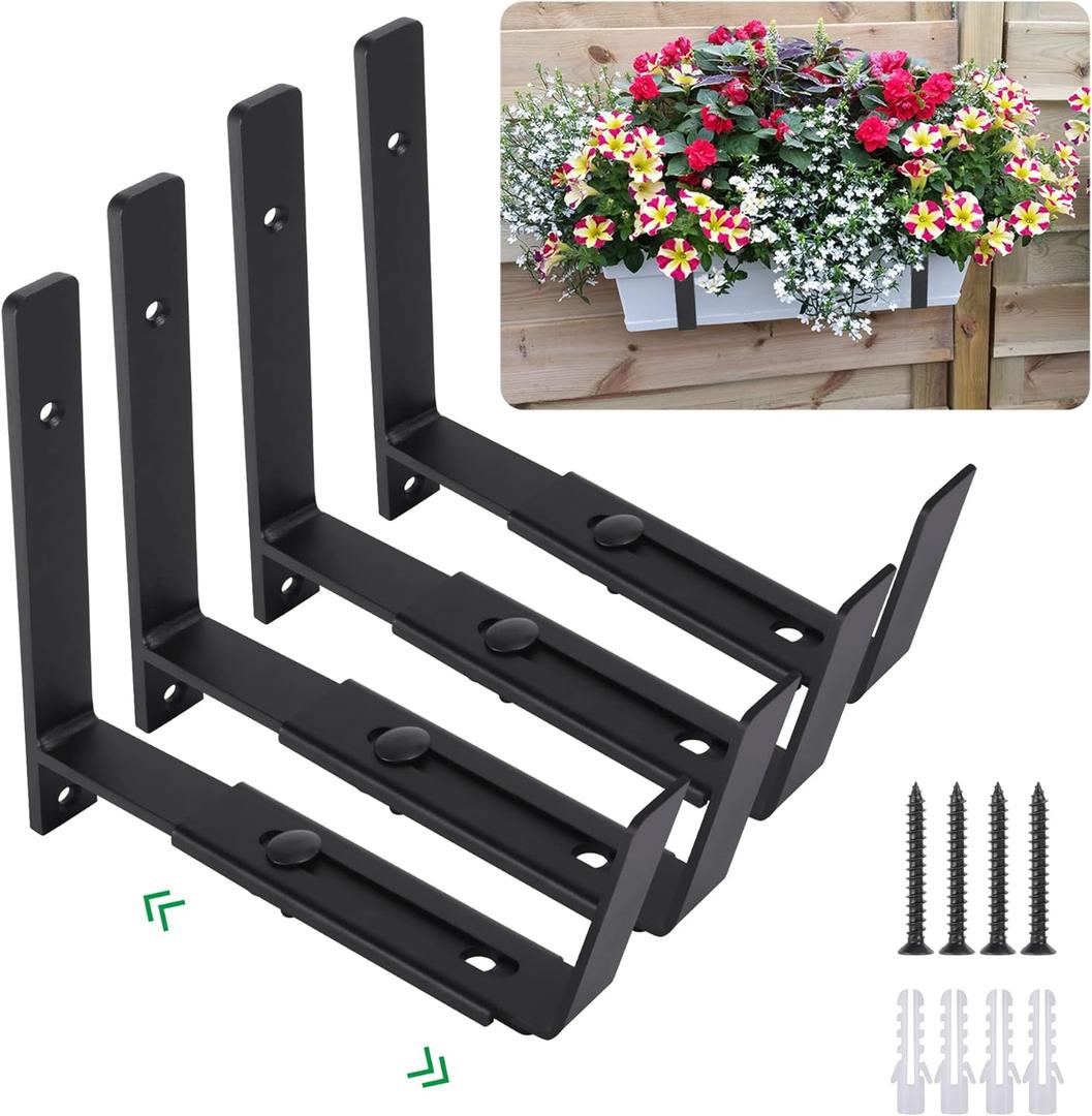 Adjustable Window Planter Box Brackets 4 Pack, Heavy Duty Wall Mount Flower Box Holder for Planter Box Depth (Front to Back) 6 to 12 Inches, Black (SET OF 4)
