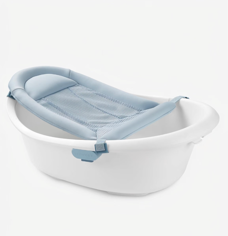 Skip Hop Baby Bath Tub 4-in-1 Grow with Baby Infant to Toddler Bathtub with Supportive Sling and Sit-Up Support Wave Age 0m+
