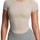 Aoxjox Women's Short Sleeve T-Shirts GEO Baby Tee Workout Gym Yoga Crop Top (Beige, Large)