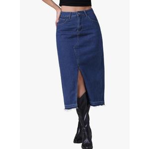 Women's Denim Skirt High Waist Front Slit Raw Trim Hem Pencil Skirt with Pockets Midi Jean Skirts XL