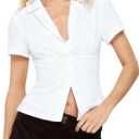 Women Y2k Short Sleeve Shirt Button Down Lapel V Neck Solid Color Slim Fit Crop Blouse Casual Vintage Work Office Top (Medium, White)