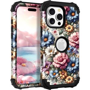 TEECOVER for iPhone 16 Pro Case, Heavy-Duty Shockproof Full Protection Hard Plastic Bumper + Soft Silicone Rubber Protective Case for iPhone 16 Pro - 6.3-Inch, Pink/Blue Flowers