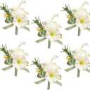 AuroraAria Bridal White Boutonniere for Men,Set of 6,Groom Boutonniere for Wedding,Anniversary,Homecoming,Formal Dinner Party,Wedding Decor,Artificial Bridal White Rose