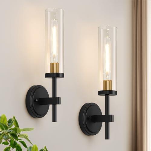 MOKATNG Wall Sconces Set of Two, Black and Gold Bathroom Sconces with Clear Glass, Hardwired Sconces Wall Decor Set of 2, Modern Wall Light Fixtures for Bathroom Mirror Living Room Bedroom Hallway
