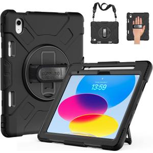 SUPFIVES Case for iPad (A16) 11th/10th Generation 2022/2025, Full-Body Drop Protection Cover for iPad 10th Gen 10.9/11 inch with Screen Protector, 360 Rotate Stand, Shoulder Strap, Pencil Holder (Black)
