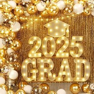2025 Graduation Decorations, 79 PCS Graduation Party Supplies with 9 LED Marquee Light Up Letter Sign “GRAD 2025” & Cap, Balloon Garland Kit for Outdoor Indoor Room Wall Table Grad Decor - White Gold