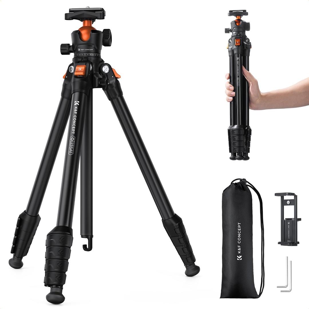 K&F CONCEPT 63" Aluminum Travel Tripod for Camera w Phone Holder, Non-Reversible Lightweight Compact Tripod Weighs 2.6lb, Max Load 22lb for Camera DSLR Mirrorless Spotting Scope Camcorders Phone