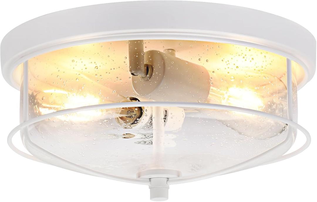 Flush Mount Modern Outdoor Ceiling Light with Seeded Glass Shade, 2-Light White Metal Cage Lights for Porch, Hallway, Kitchen, Dining Room, Entryway