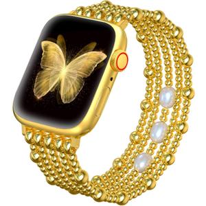fastgo Beaded Bracelet Band Compatible with Apple Watch Bands 41mm/40mm/38mm/44mm/45mm/42mm/49mm Women, Natural Pearl Beaded Elastic Strap for Iwatch Bands(Gold)