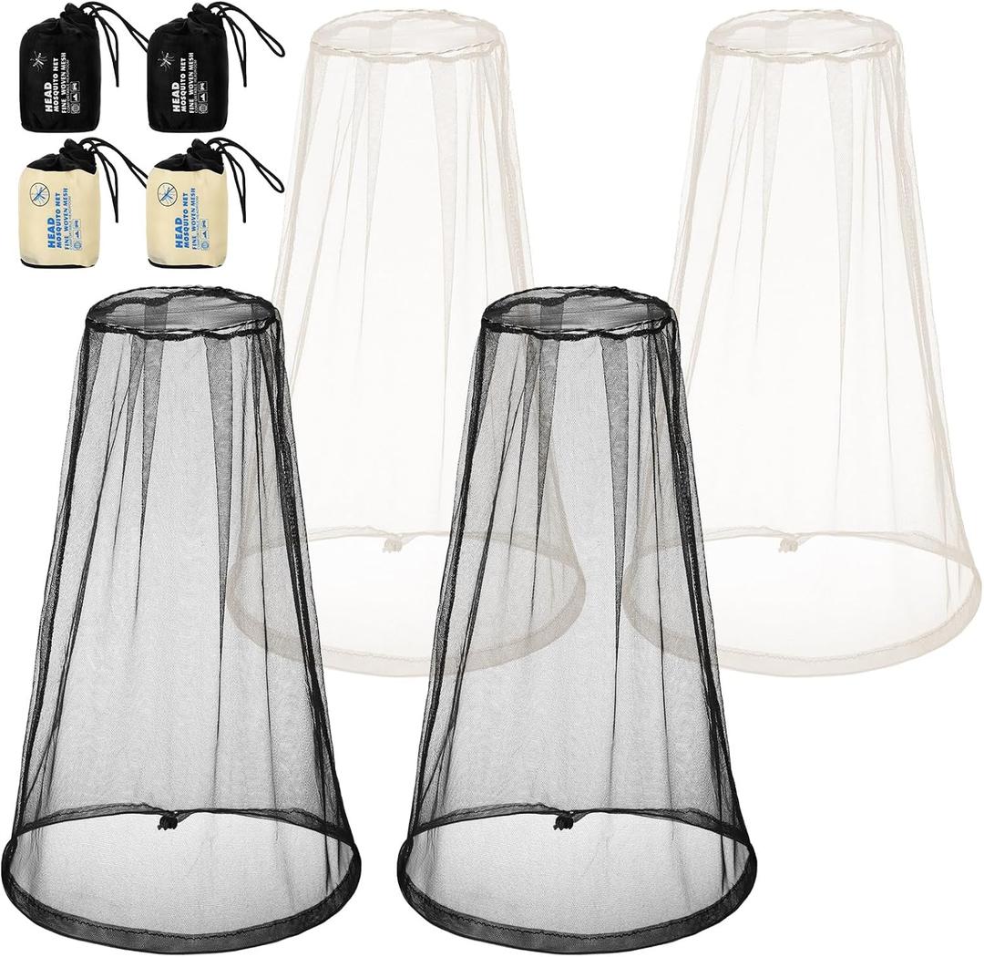 HESTYA 4 Pack Mosquito Head Net Face Mesh Protecting Net for Outdoor Hiking Camping Climbing Mosquito Fly Insects Preventing(Black, Beige)