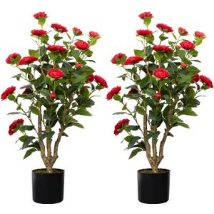 36 Artificial Camellia Tree 2 Packs, Faux Camellia Plant in Pot with Red Flowers, Greenery Camellia Tree for Spring Home Front Door Outdoor Indoor Decoration, Red (3FT)