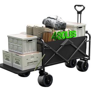 Collapsible Wagon Cart Foldable with Tailgate, 47" L 480lbs Capacity, Heavy Duty Beach Wagon with Wheels Brake, Shopping Carts for Grocery, Camping, Beach, Garden Cart