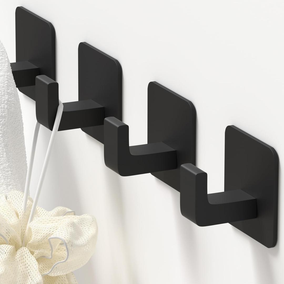 Square Self Adhesive Towel Hooks - 4 Pack Matte Black Metal Hooks, Right-Angle Design for Towels, Robes & Hats, Organize Bathroom, Kitchen, Entryway, Doors, Cabinets on Smooth Surfaces | Square, Right-Angle Design, for Towels, Robes & Hats, Organize Bathroom, Kitchen