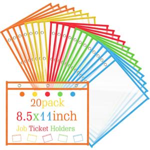 Resurhang 20 Pcs Horizontal Job Ticket Holders 8.5x11, 3 Rings Dry Erase Pocket Sleeves Work Order Plastic Sleeves Landscape Shop Ticket Holders for Classroom Office School Document, Clear (Colorful)