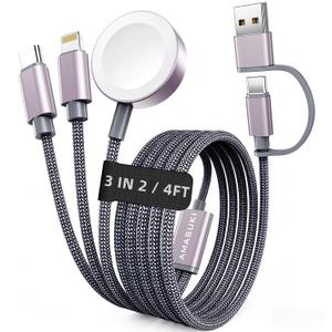 2026 Travel Essentials for Apple Watch Charger,Cruise Vacation Camping Essentials,iPhone Charger,Multi Charging Cable,3 in 2 Charging Docks for iWatch Series 11-2/Ultra,iPhone 17-12,Car (1pack-4ft, Grey)