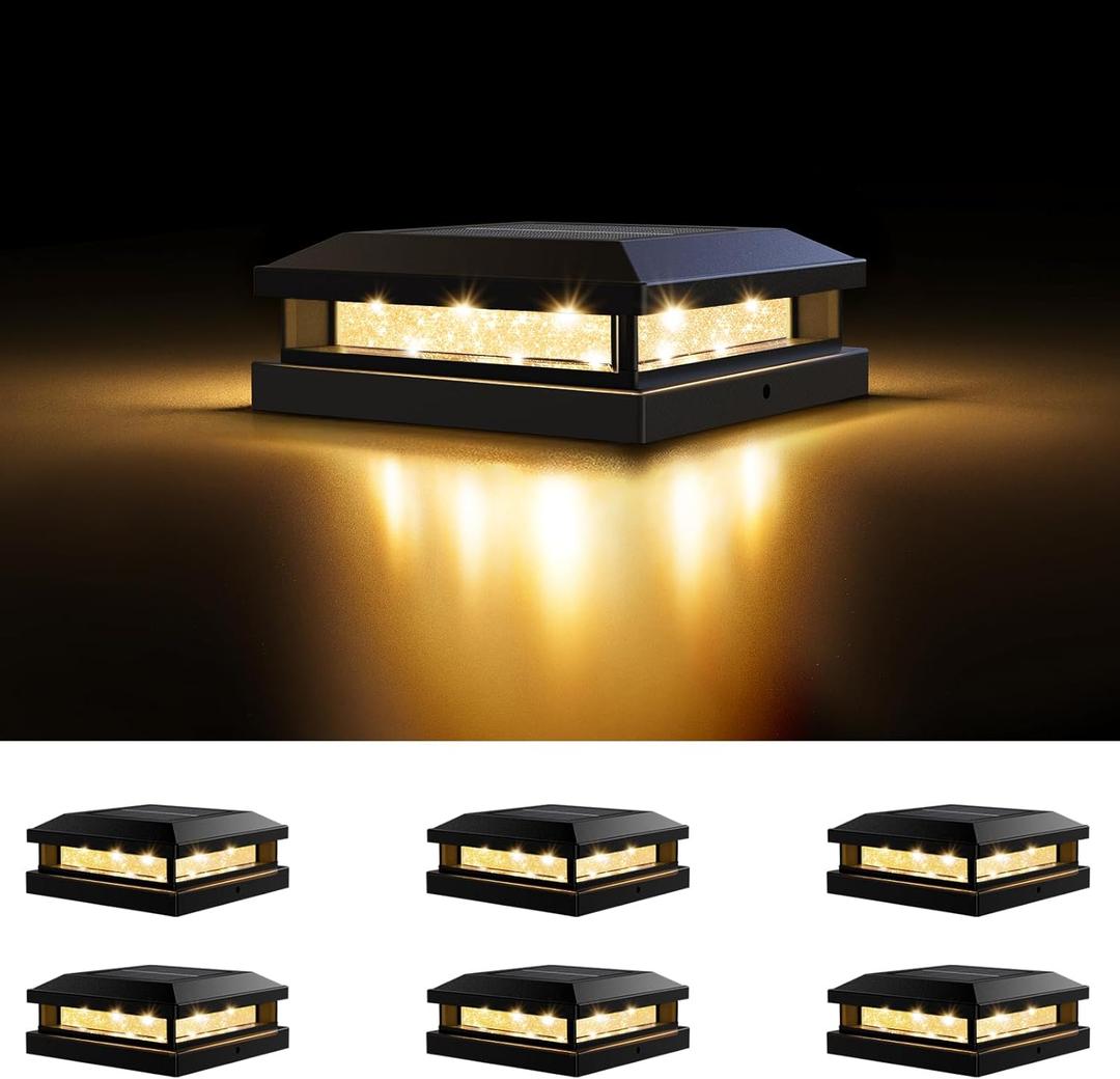 Solar Post Cap Lights Outdoor 6 Packs, Waterproof Solar Powered Deck Post lights for 4x4 4.5x4.5 5x5 Wooden/Vinyl, Black Fence Lights with 16LEDs Warm White/Cool White for Outdoor Decoration