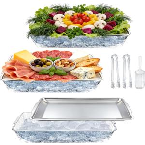 3 Pcs 16" x 9.45'' Chilled Serving Tray with Compartments Rectangle Silver Ice Charcuterie Dish with Ice Scoop Plastic Clips for Appetizer Parties Fruit Vegetable Seafood