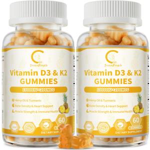 GPGP GreenPeople Vitamin D3 K2 Gummies, Vitamin D3 10000IU, K2 (MK-7) 200mcg, Vitamina D3 Con K2 Supplement with Hemp Oil, Turmeric fot Bones, Teeth & Immune Support, Sugar Free, 2 Packs, Best By 01/2027