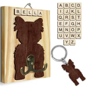 Yorkshire Terrier Dog Leash Holder Wall Mount with Scrabble Letters, Wooden Dog Wall Hook Organizer, Pet Collar & Harness Holder Entryway, Key Hook Leash Rack, Gift for Pet Lovers, Home Decor PF297-73