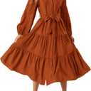 MASCOMODA Womens Dresses 2026 Fall Long Sleeve Midi Dress Casual V Neck Button Down Tiered Flowy Aline Tie Waist Shirt Dress (Red, XL)