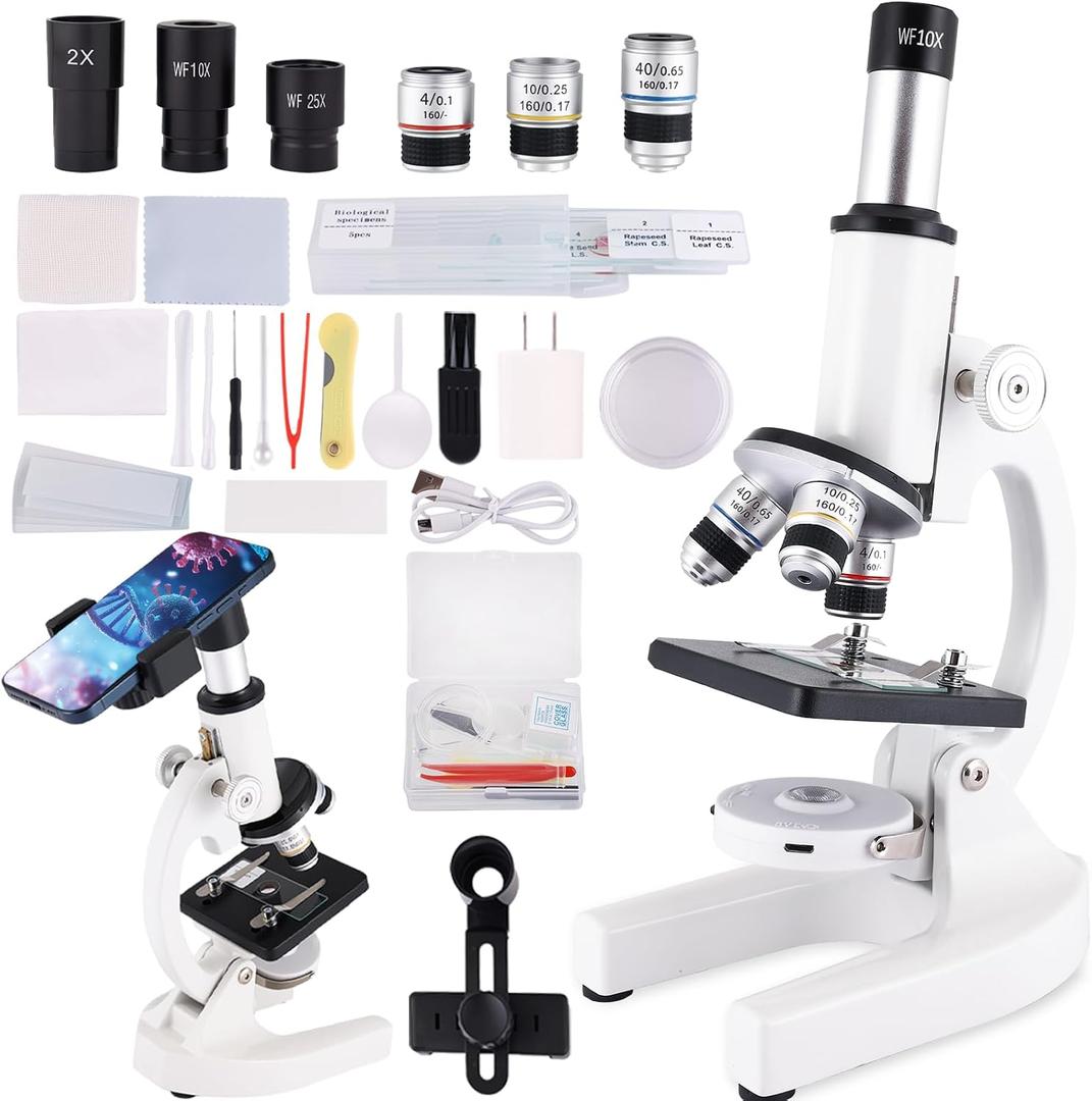Microscope for Adults & Kids, 40X-2500X High-Power Compound Microscope for Students, School Lab & Home Schooling,Equiped with Slides Set & Phone Holder (Light White)