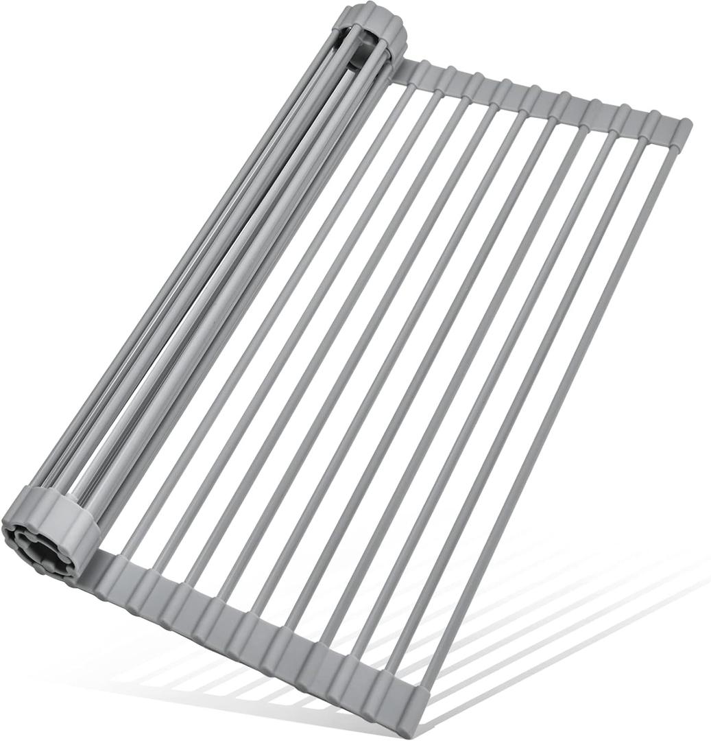 MERRYBOX Roll Up Dish Drying Rack, Over The Sink Dish Rack Foldable, Heat-Resistant, Anti-Slip Silicone Coated Steel Dish Drainer for Kitchen Sink, Multipurpose Roll Up Sink Drying Rack, 17.5" x 13"