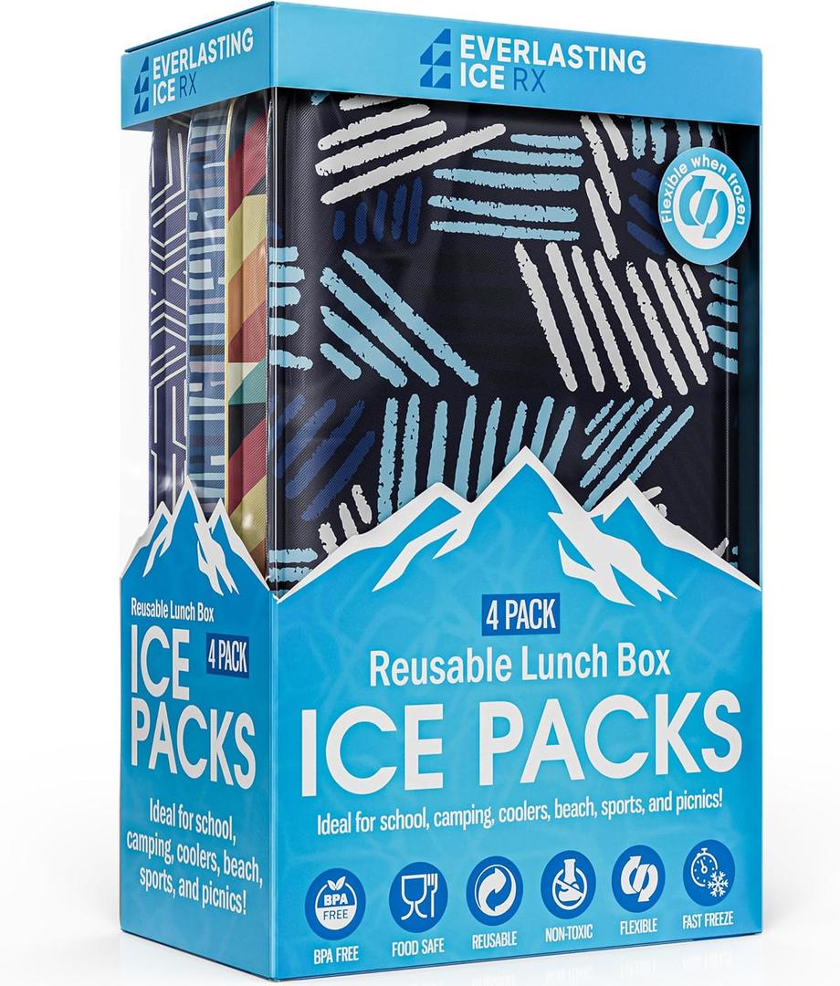 Everlasting Ice Reusable Ice Packs for Lunch Boxes & Coolers (4 Pack) Flexible, Long-Lasting, BPA Free, Versatile Lunch Box Ice Packs for Insulated Bags, Picnic, Travel, and More